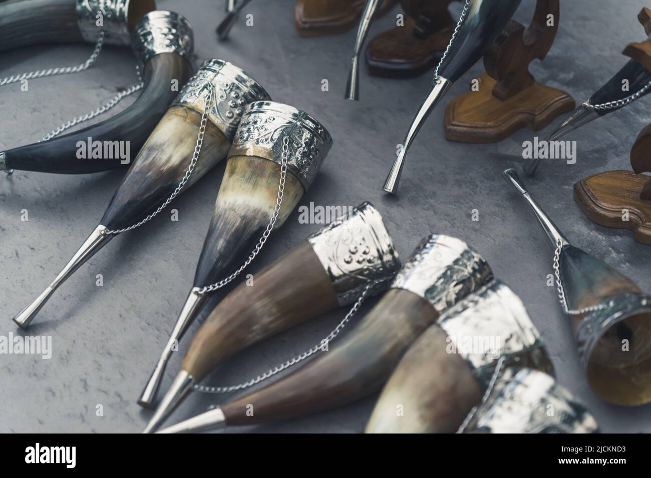traditional drinking horns used for wine called Kantsi displayed at the flea market in