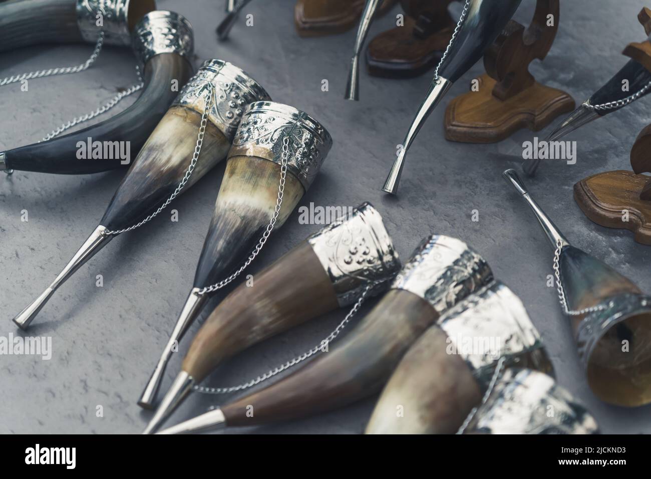 Georgian traditional drinking horns used for wine called Kantsi displayed at the flea market in Tbilisi, Georgia. High quality photo Stock Photo
