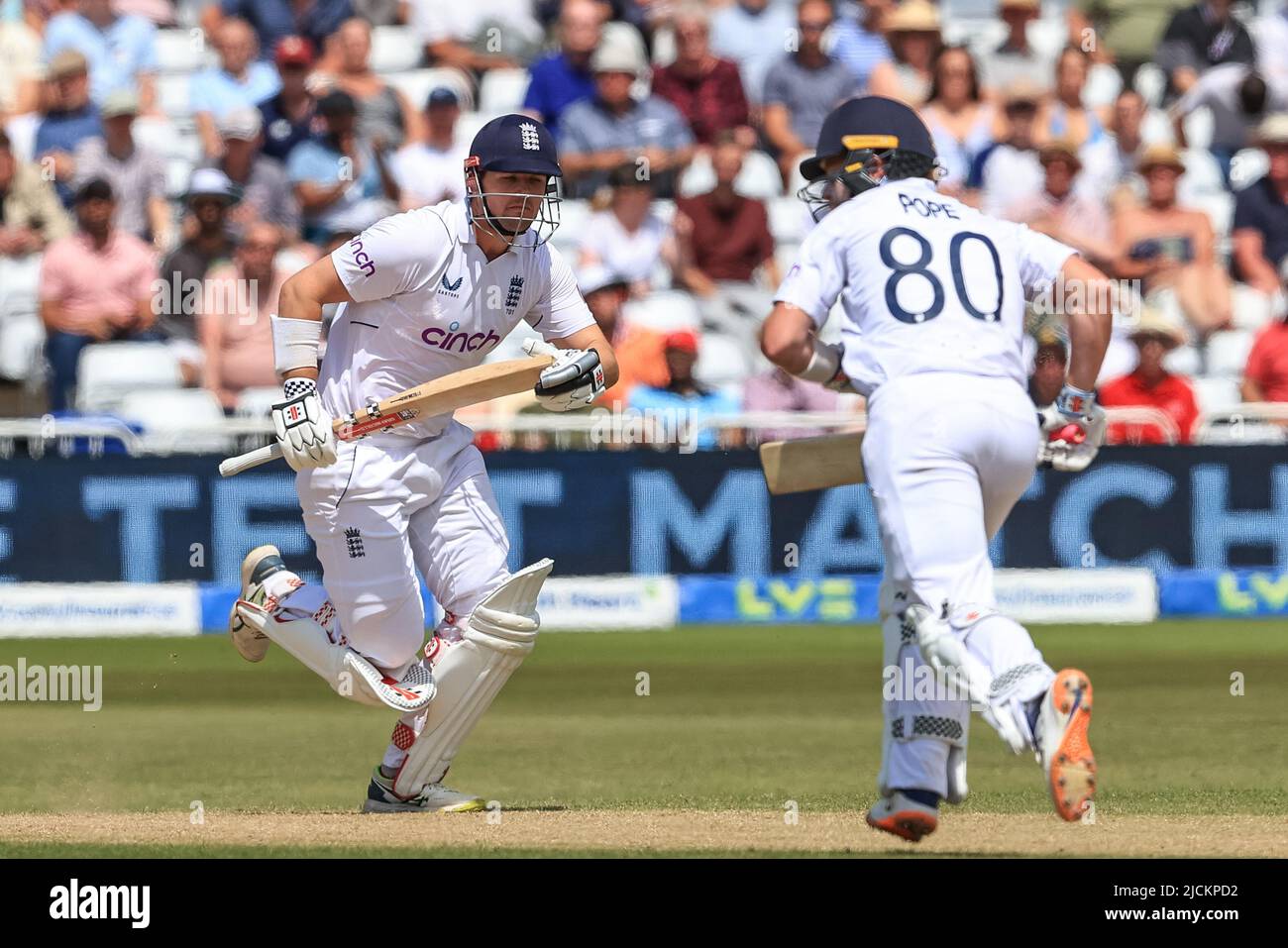 Nottingham, UK. 14th June, 2022. Alex Lees of England makes one run in Nottingham, United Kingdom on 6/14/2022. (Photo by Mark Cosgrove/News Images/Sipa USA) Credit: Sipa USA/Alamy Live News Stock Photo