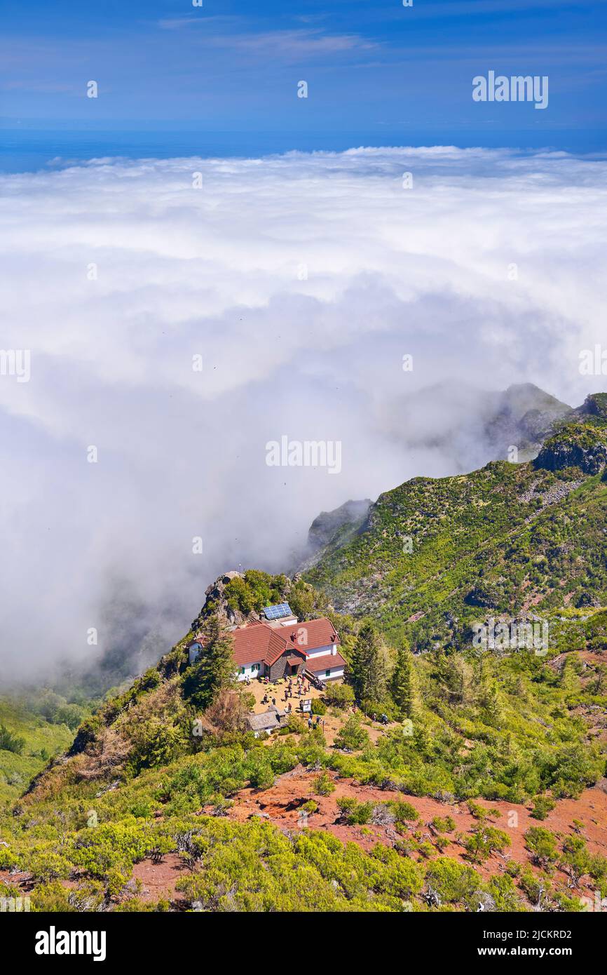 View to Casa de Abrigo Shelterfrom from the top of Pico Ruivo, Madeira Island, Portugal Stock Photo