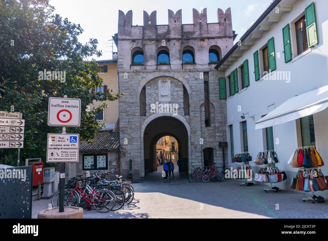 Via Fiume street, Porta San Marco gate, Riva del Garda, Trentino Alto Adige, Italy, Europe Stock Photo