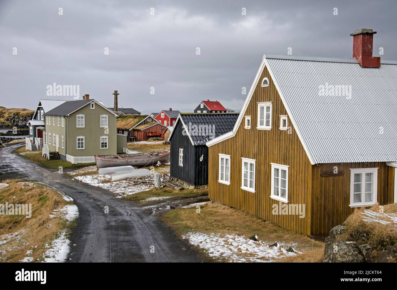 Flatey, Iceland, May 5, 2022: traditional houses made of wood and corrugated metal in the only village on the island Stock Photo