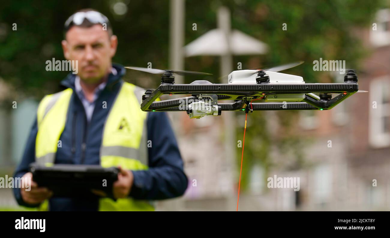 Drone pilot Fergal McCarthy from Geoaerospace demonstrates a Fotokite