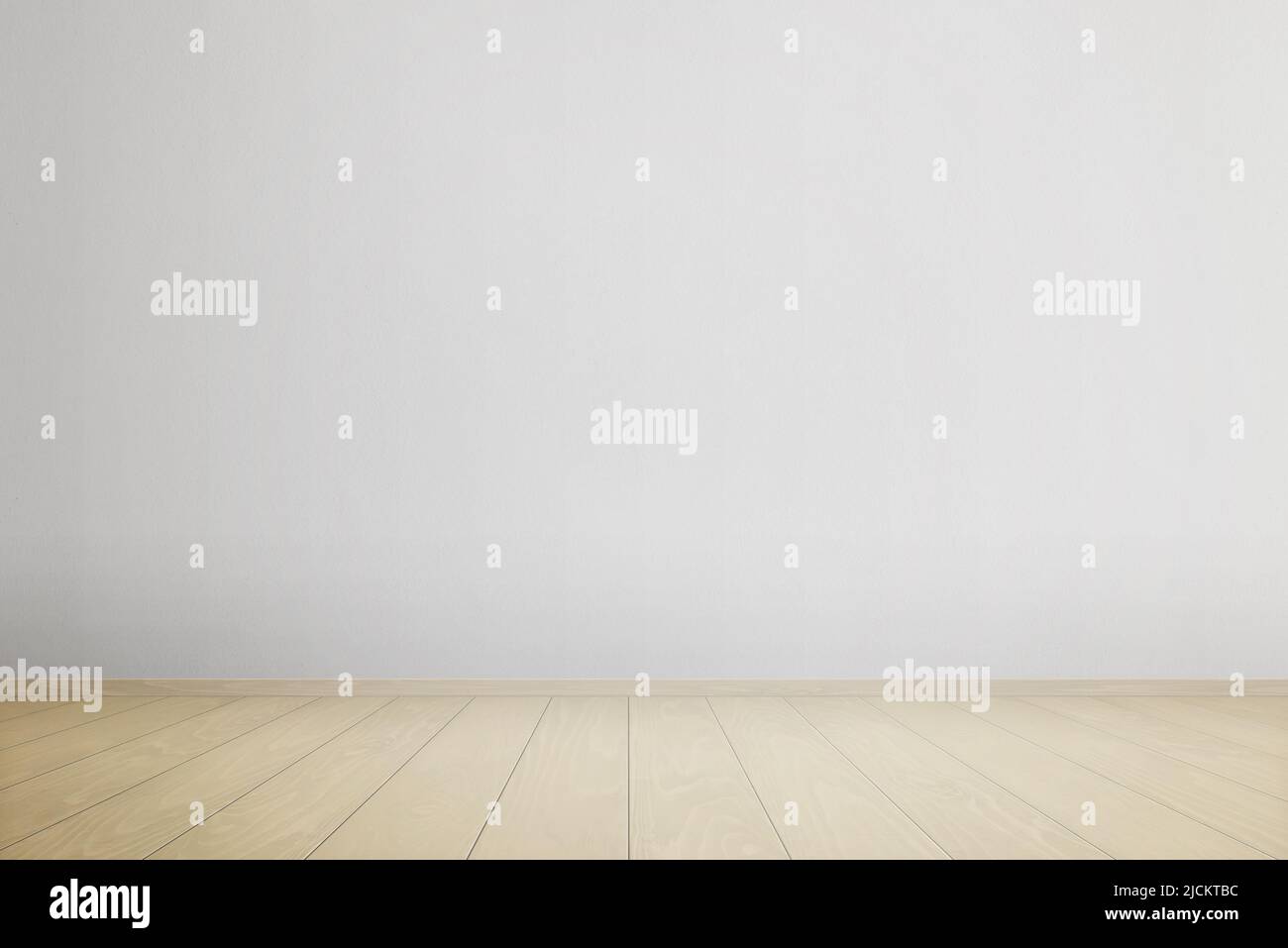 Empty room with white wall and wooden decking floor. Clean surface on floor and wall for product presentation Stock Photo