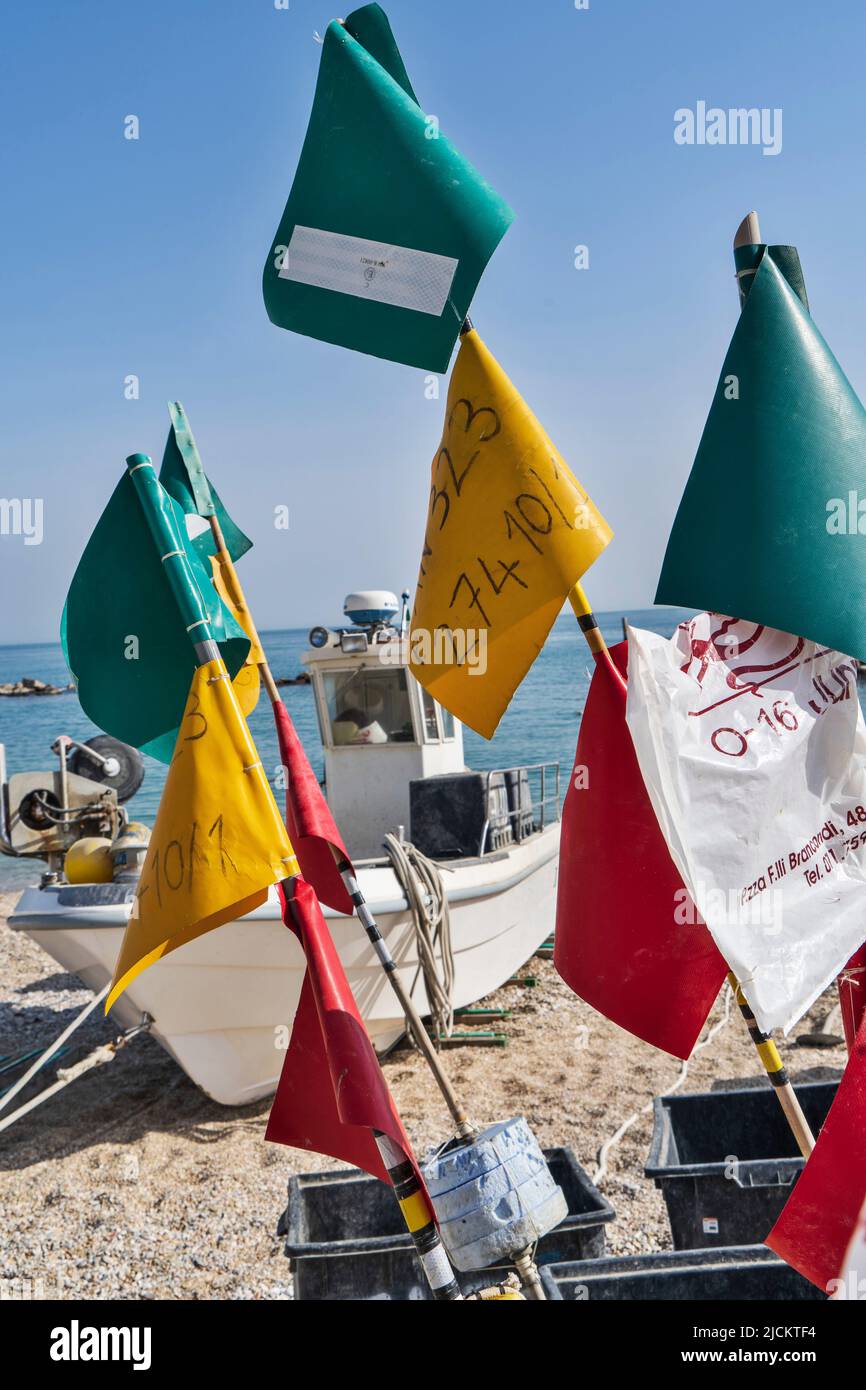 Porto Recanati seafront, Storage of fishing boats, Signal Flags, Marche, Italy, Europe Stock Photo