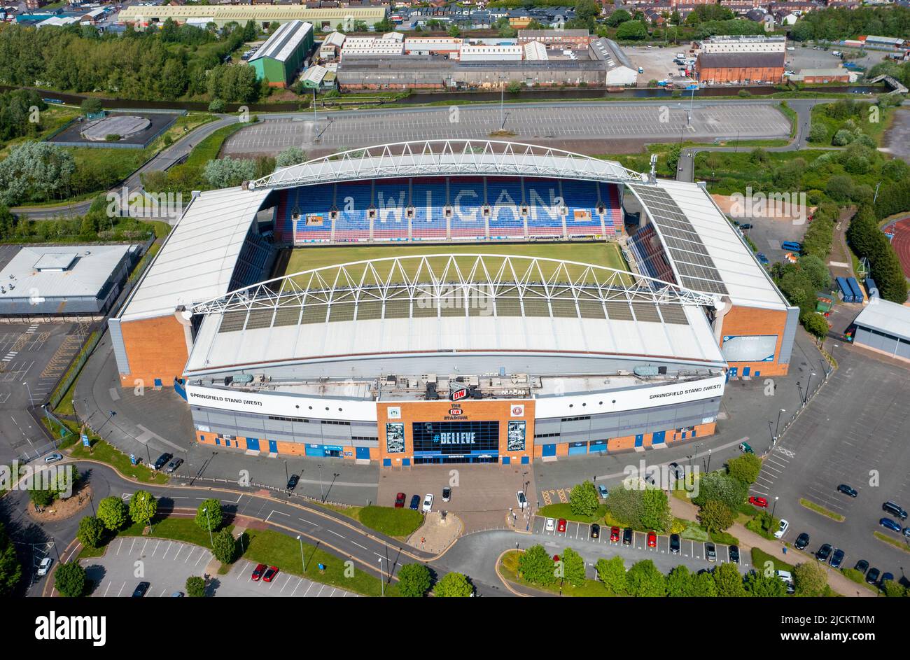 Aerial Image of DW Stadium the home to Wigan Athletic and Wigan Warriors. 13th May 2022. Stock Photo