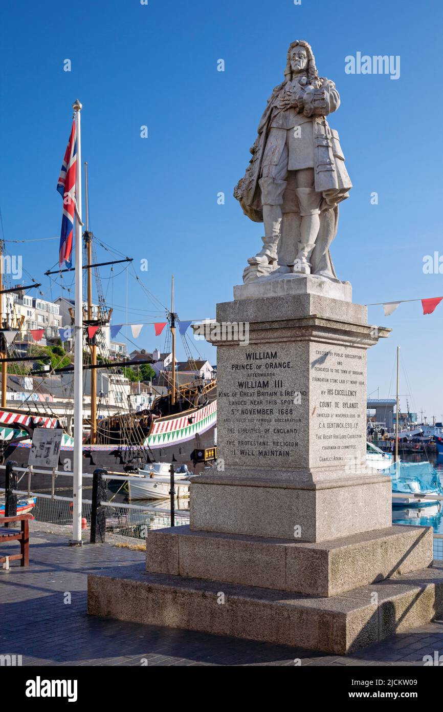 UK, England, Devon, Torbay, Brixham, The Quay with Monument to Prince
