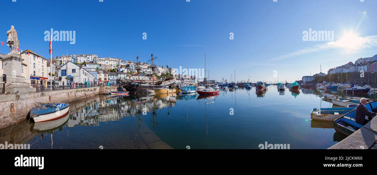 UK, England, Devon, Torbay, Panoramic Views of Brixham Harbour Stock Photo