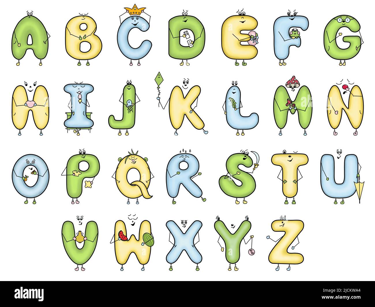 Cute Colorful English Alphabet for Preschoolers and School Children.  Alphabet In Cartoon Style. Funny Letters with Various Characters.  Kindergarten Stock Photo - Alamy