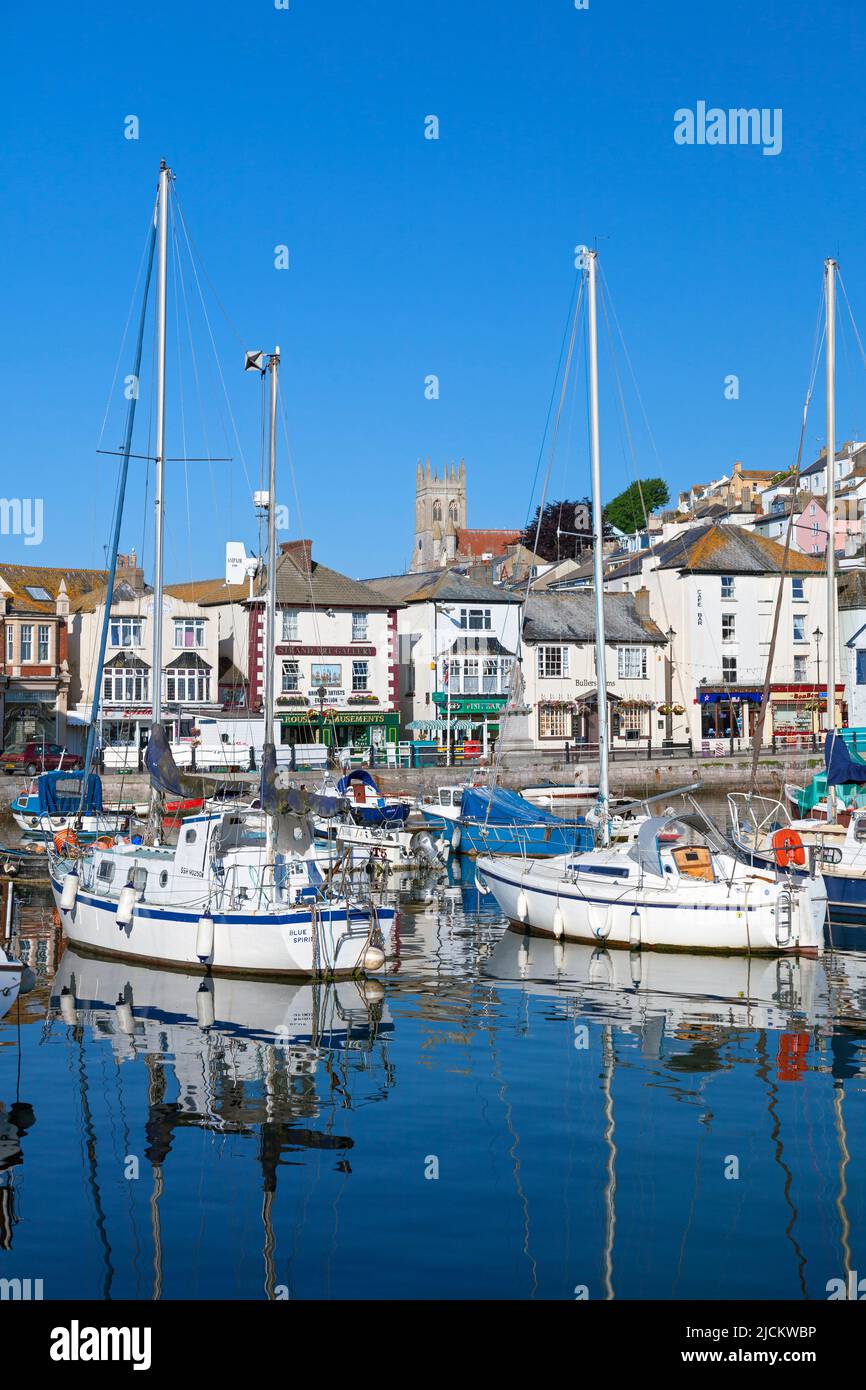 UK, England, Devon, Torbay, The Strand and Brixham Harbour with moored Yachts Stock Photo
