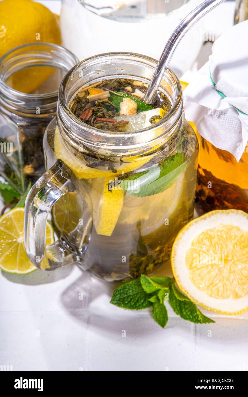 Homemade cold brew tea. Set of various healthy summer drink, cold slow ...
