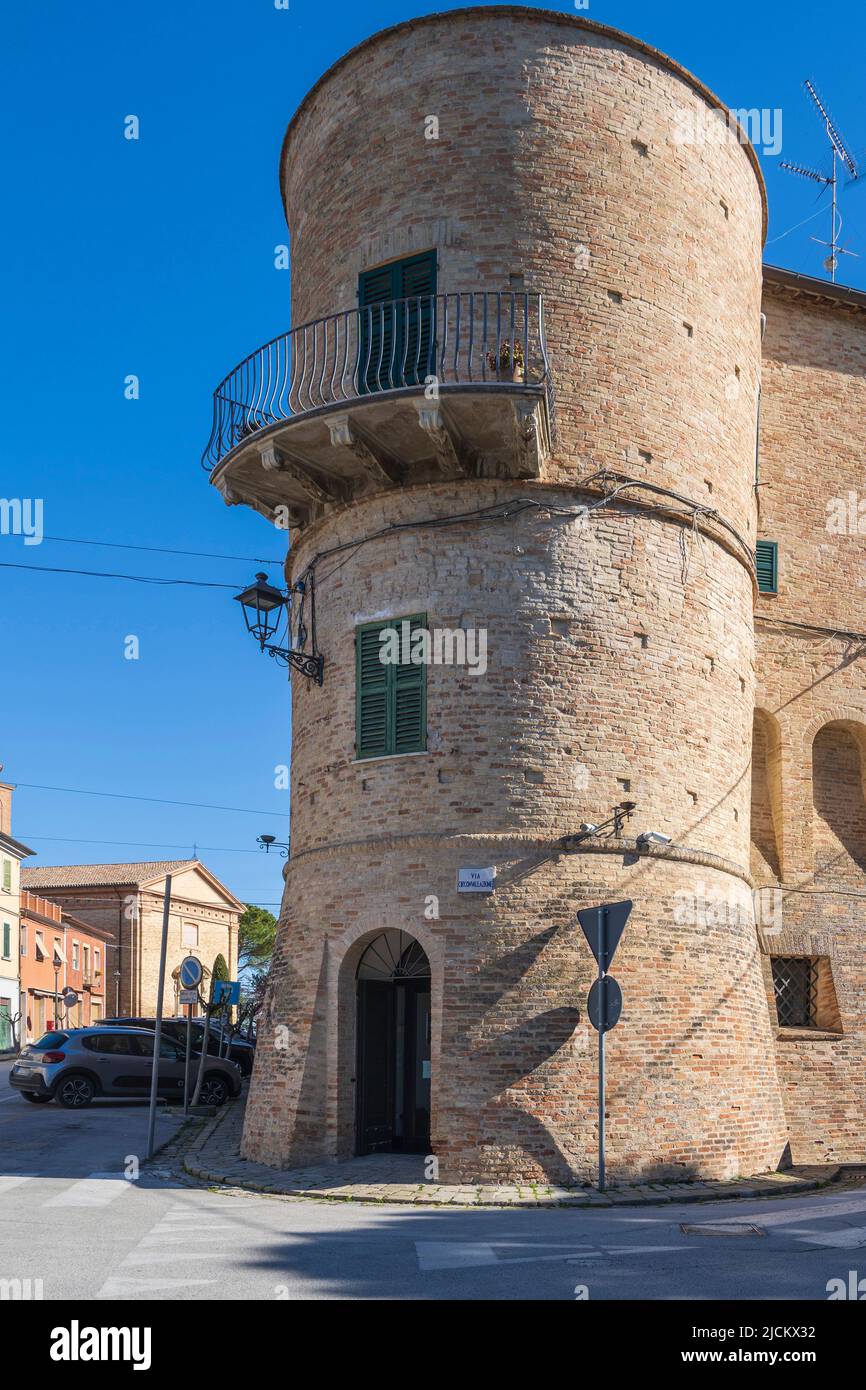 Via Circonvallazione street, Tower, San Marcello, Marche, Italy, Europe Stock Photo