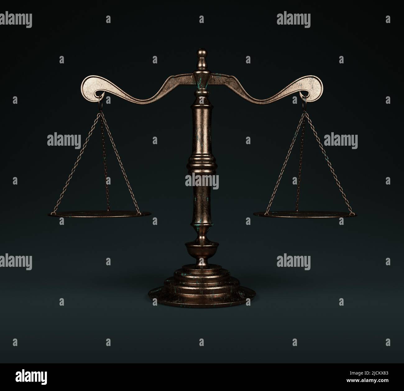 Ornate brass justice scales with a wooden base on a dark isolated background - 3D render Stock Photo