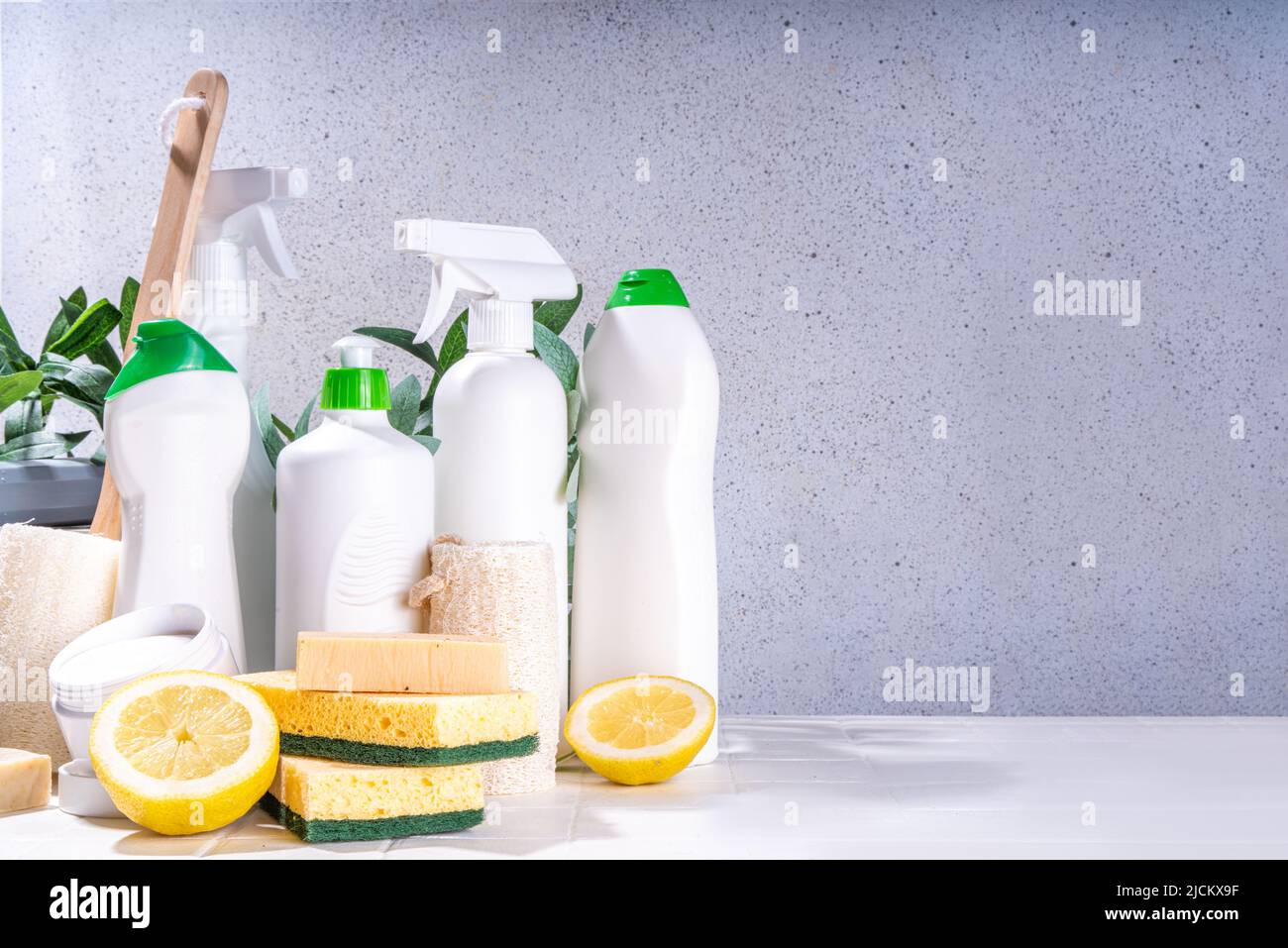 Eco friendly organic cleaning concept. Eco-friendly cleaner utensils - eco brushes, tools sponges, natural cleaning products, soda, soap, lemon, vineg Stock Photo