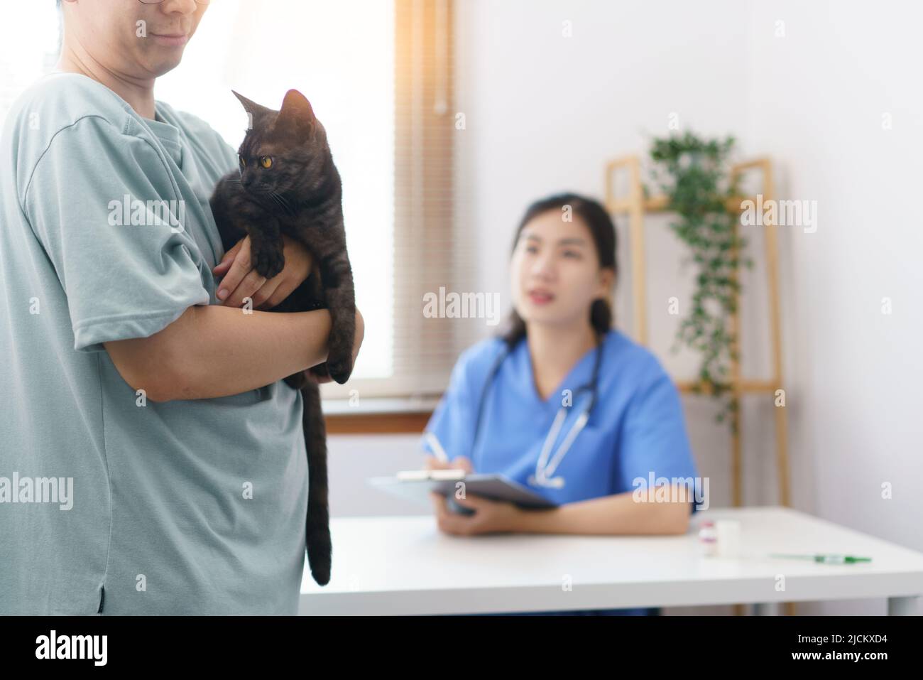 Pet care concept, Female veterinary is writing prescription on clipboard after examining health