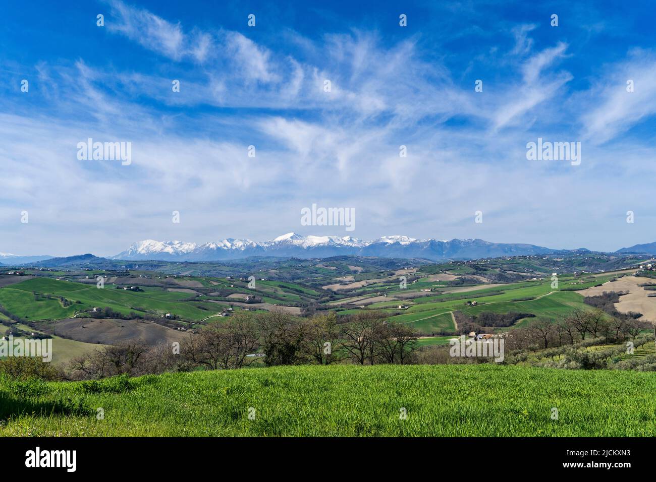 View of the Sibillini Mountains from Massa Fermana, Marche, Italy, Europe Stock Photo