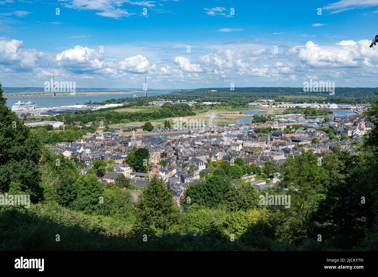 The view of Honfleur from the  panorama of Équemauville at Mont-Joli, a coastal hill next to Honfleur. Stock Photo