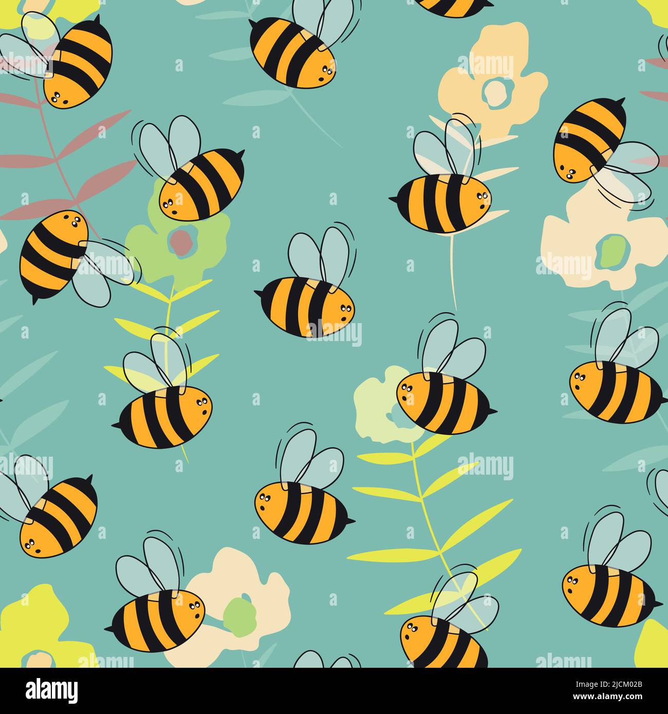 Seamless pattern with bees on floral background. Small wasp. Vector ...
