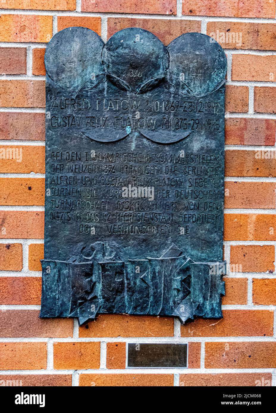 Memorial plaque,Gustav Felix Flatow,Jewish gymnast who died in 1945 in Theresienstadt concentration camp. Vor dem Schlesischen Tor 1, Kreuzberg,Berlin Stock Photo