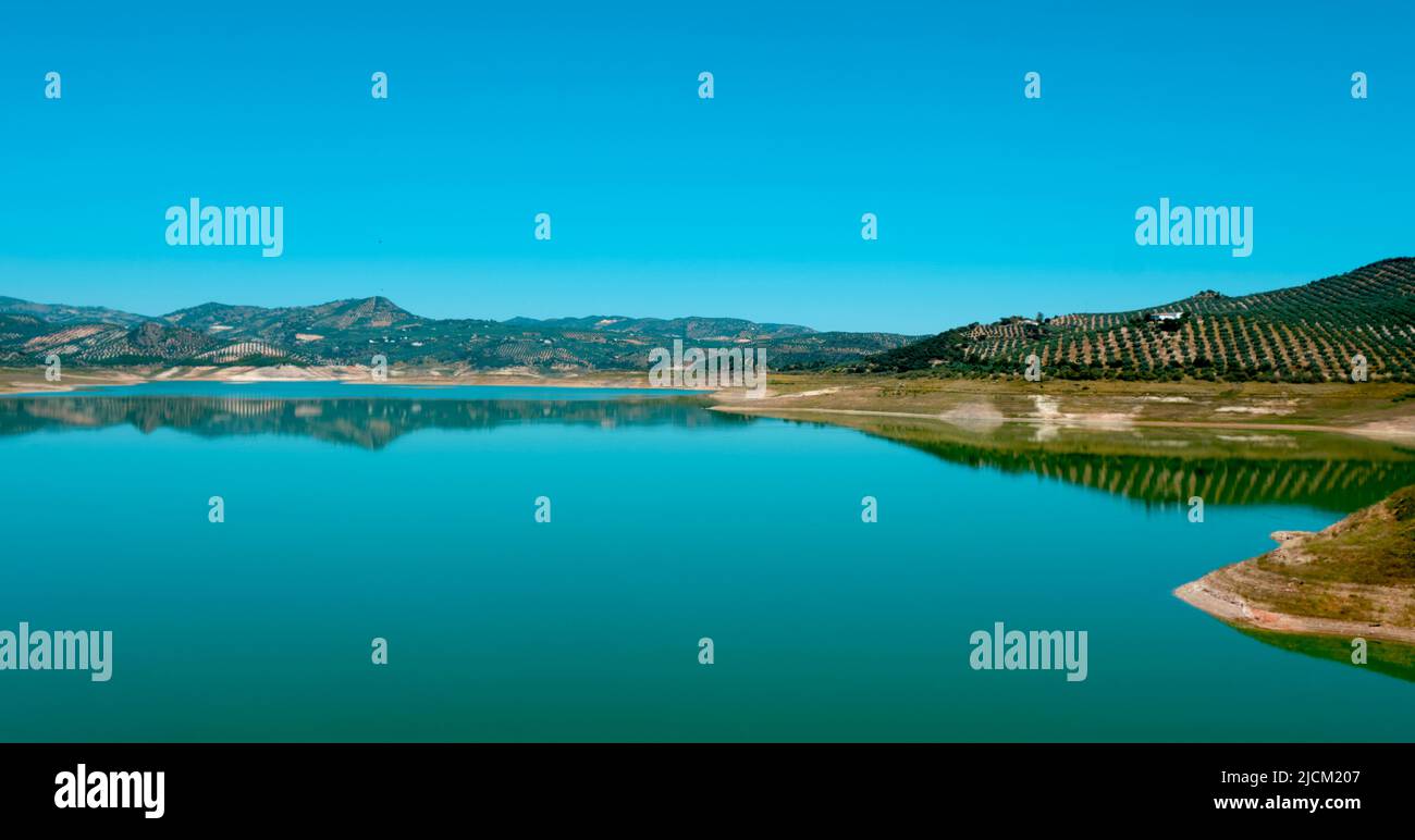 a panoramic view over the Iznajar reservoir, in Andalusia, Spain, in a sunny spring day Stock Photo