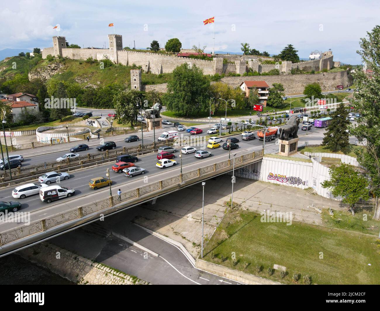 Drone view at the center of Skopje on Macedonia Stock Photo - Alamy