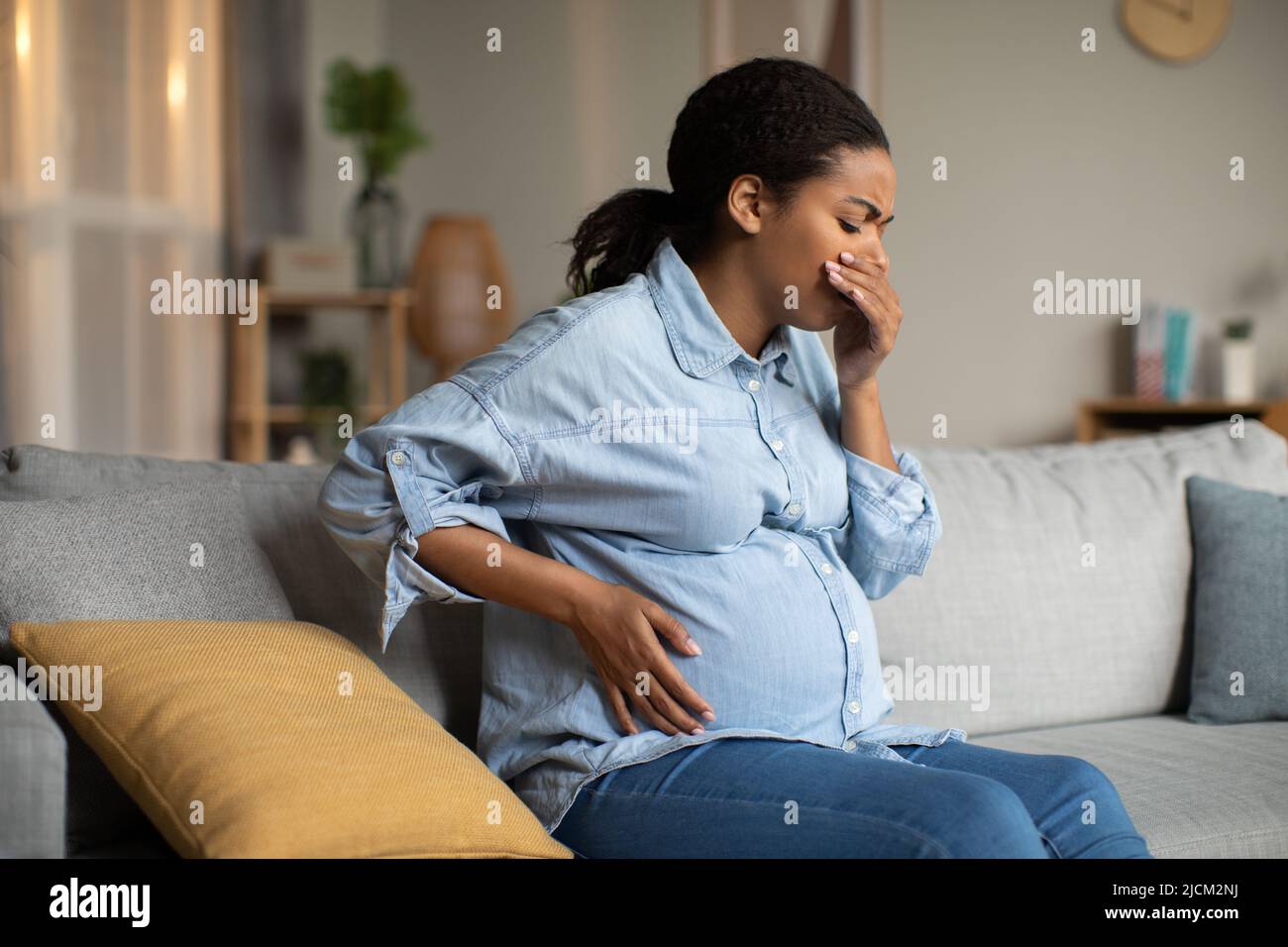 Pregnant Black Lady Suffering From Nausea Having Morning Sickness Indoor Stock Photo