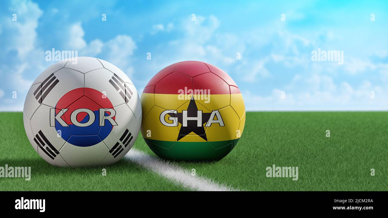South Korea vs. Ghana Soccer match - Soccer balls in South Korea and Ghana national colors. 3D Rendering Stock Photo