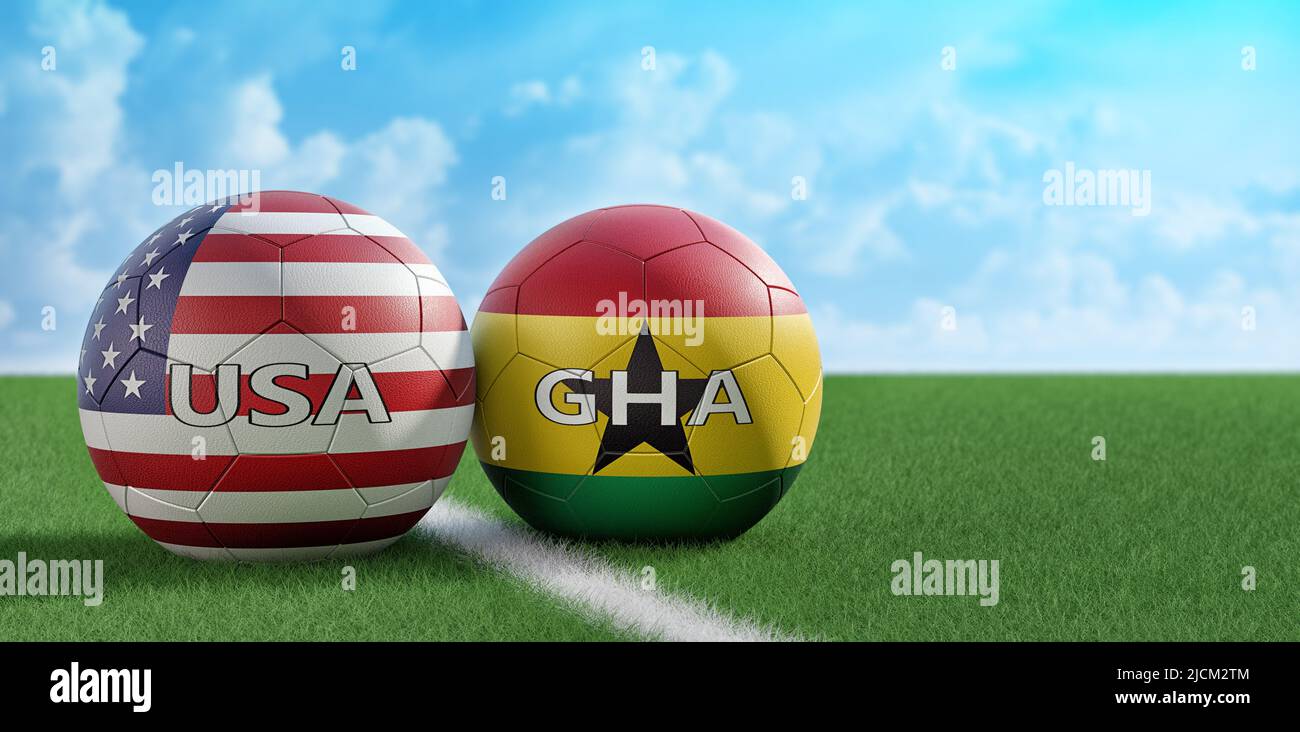USA vs. Ghana Soccer match - Soccer balls in USA and Ghana national colors. 3D Rendering Stock Photo