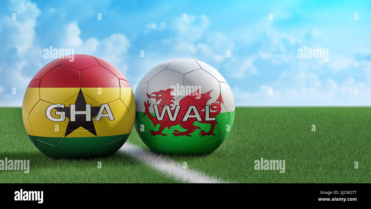 Wales vs. Ghana Soccer match - Soccer balls in Wales and Ghana national colors. 3D Rendering Stock Photo