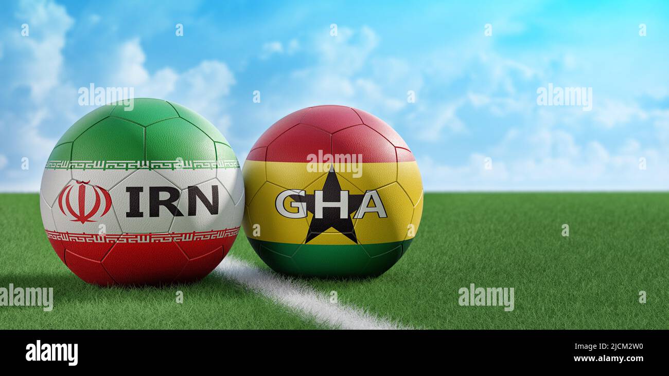 Iran vs. Ghana Soccer match - Soccer balls in Iran and Ghana national colors. 3D Rendering Stock Photo