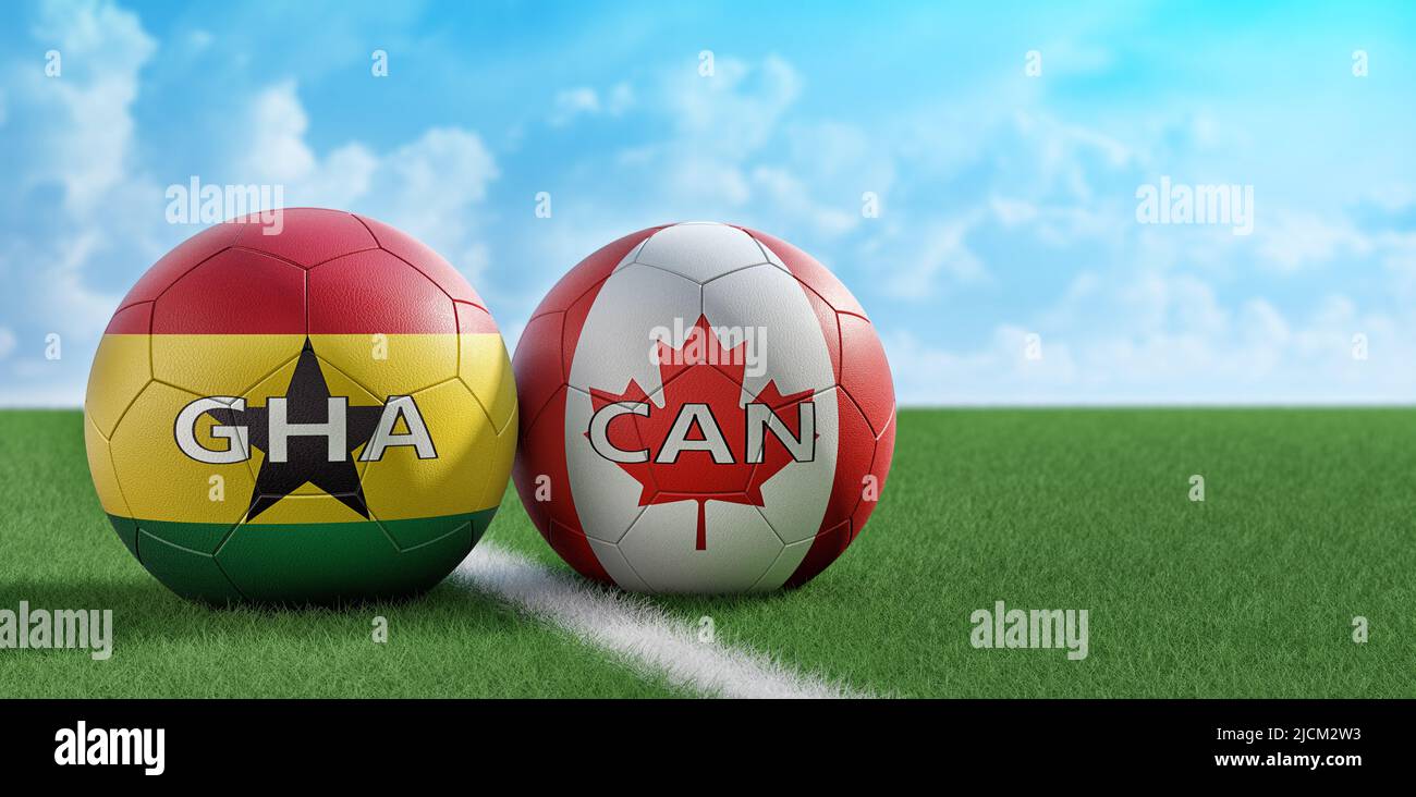 Canada vs. Ghana Soccer match - Soccer balls in Canada and Ghana national colors. 3D Rendering Stock Photo