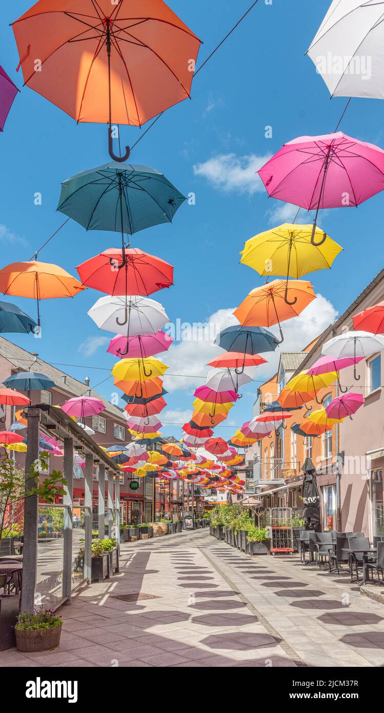 colourful umbrellas in the latin block in Vejle, Denmark, june 13, 2022 Stock Photo