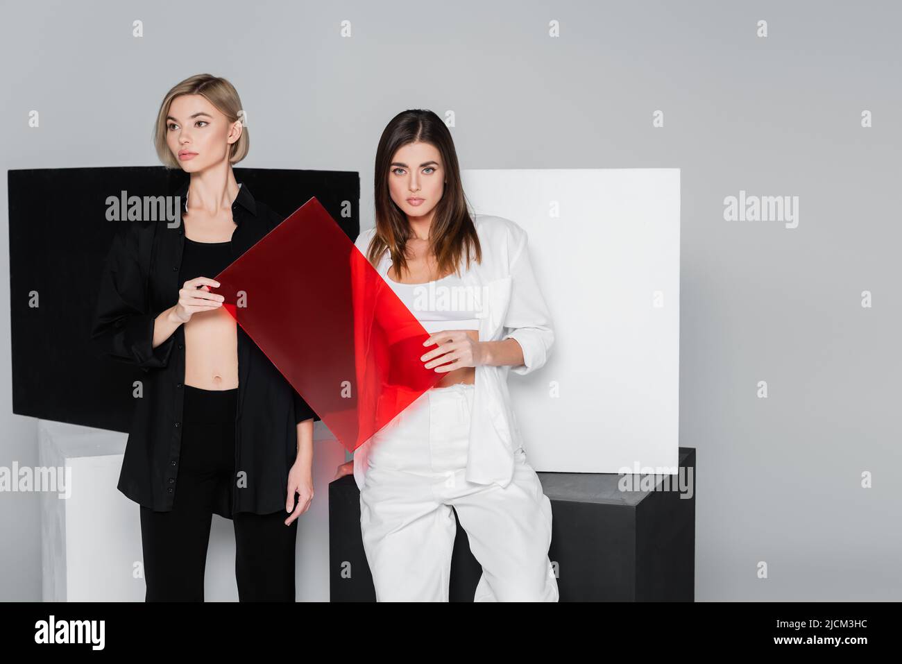 fashionable women holding red glass near black and white cubes isolated on grey Stock Photo