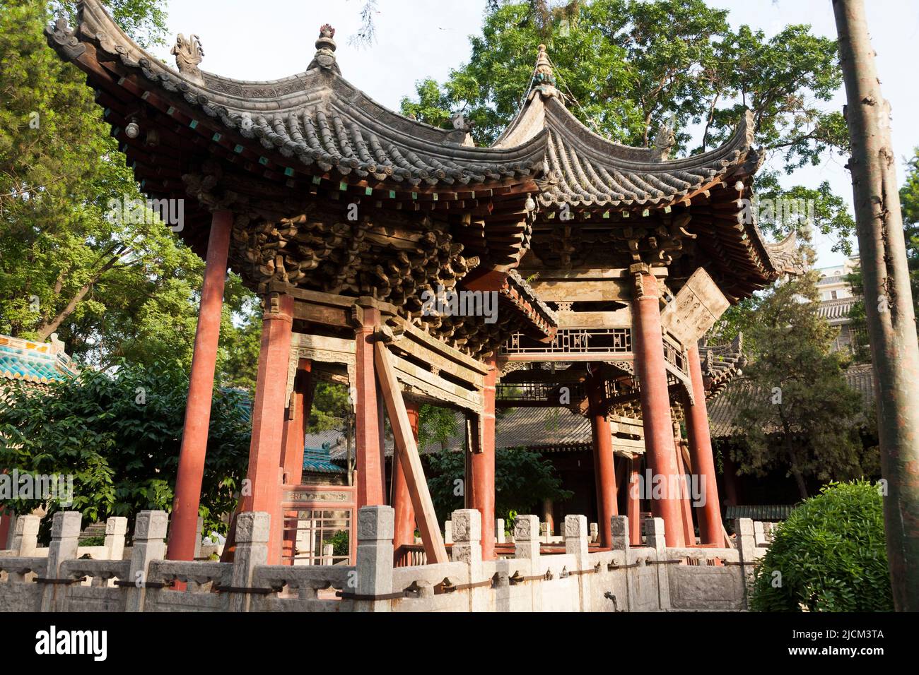 Pagoda type building with sweeping roof in the grounds of The Great Mosque of Xi'an is one of