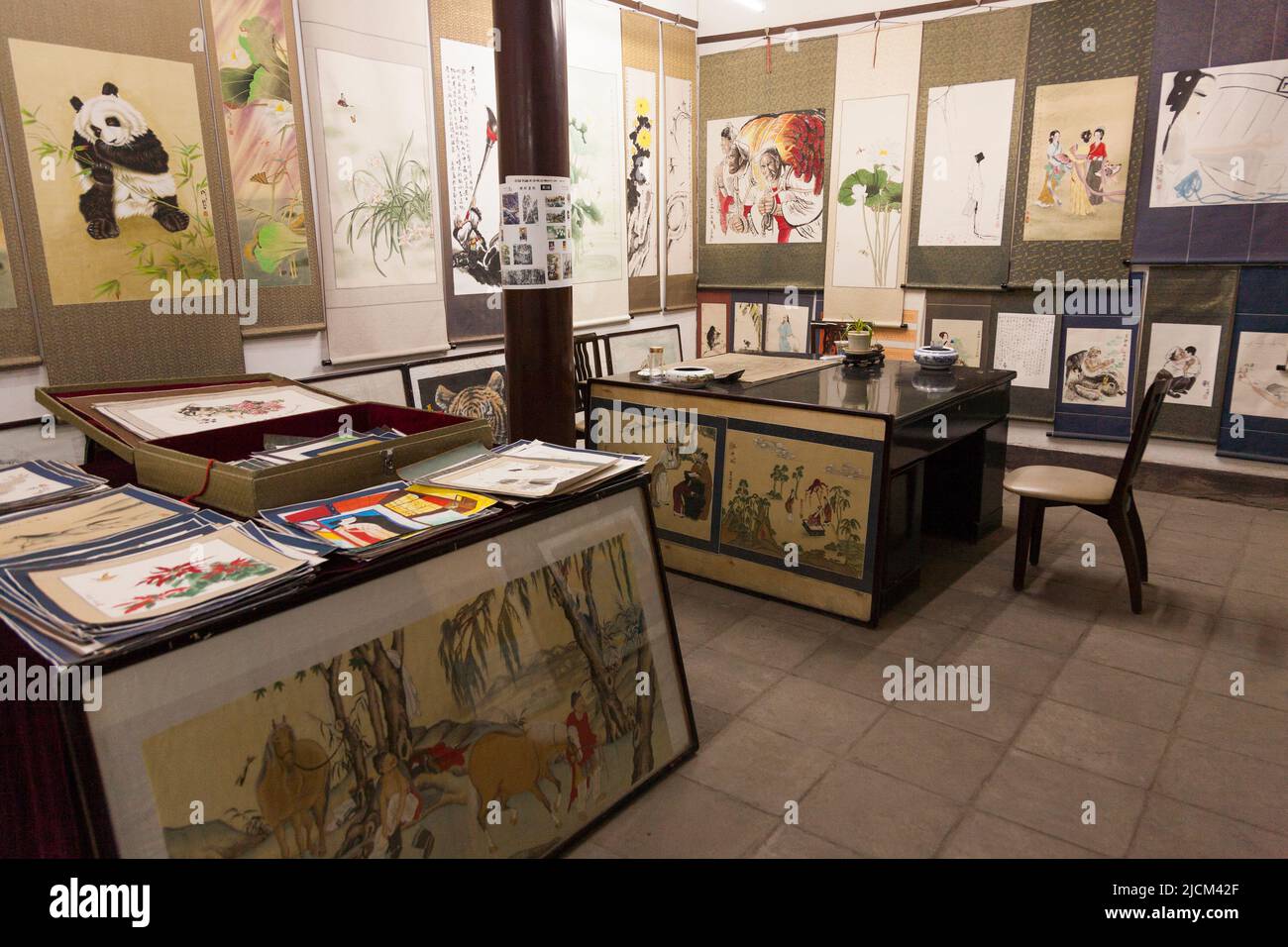 Gallery art and print sales room at Gao 's Grand Courtyard / Gao Family Mansion; traditional ancient styled folk house at No144 of Bei Yuan Men. Former villa residence of Gao Yue Song is located at No 144 of Bei Yuan Men, in Xi'an. PRC. China. (125) Stock Photo