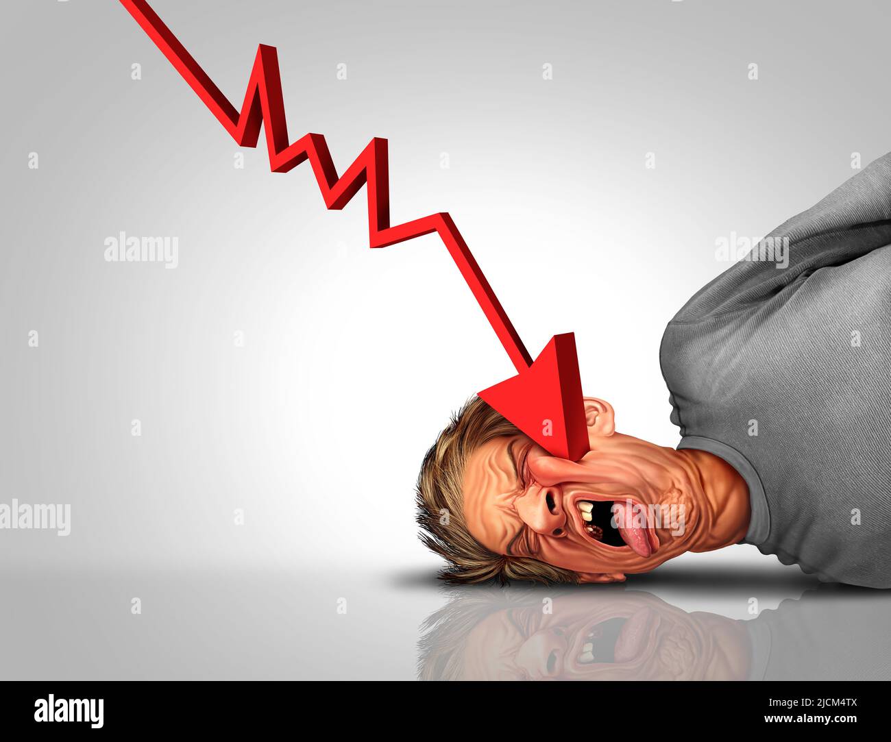 Recession pain and painful economic markets as a downward arrow financialy hitting a consumer. Stock Photo