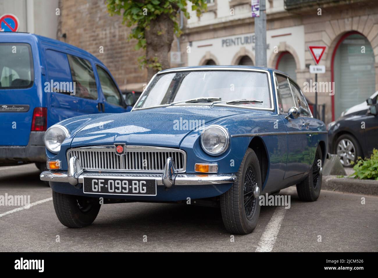 Morlaix, France - May 22 2022: Blue 1965 fixed-roof MGB GT. Stock Photo