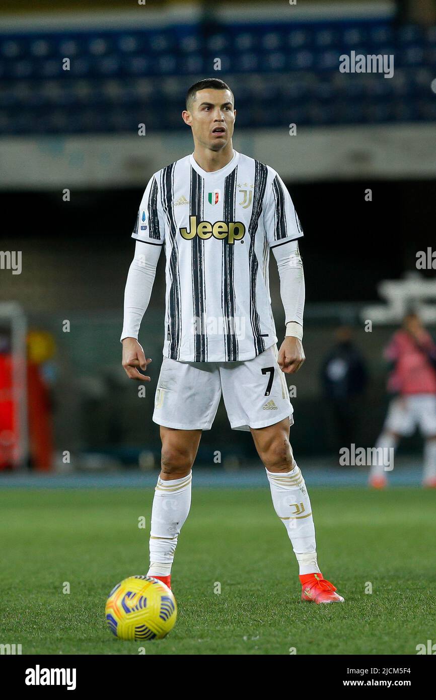 Italy, Verona, february 27 2021: Cristiano Ronaldo (Juventus striker) ready  for a free kick in the second half during football match HELLAS VERONA vs  JUVENTUS, Serie A 2020-2021 day24, Bentegodi stadium (Credit