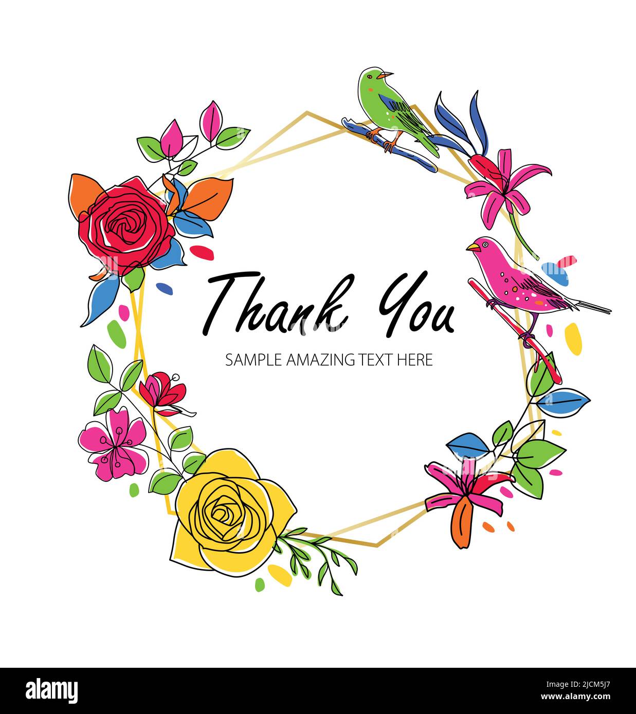 Vintage Greeting Card with Blooming Flowers and Birds. Thank You with ...