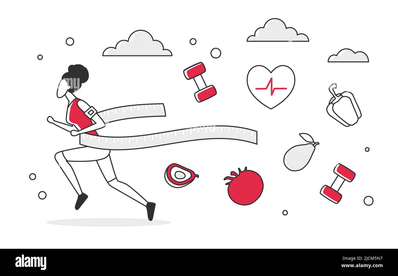 Lady athlete breaking finish line tape. Daily trainings and balanced