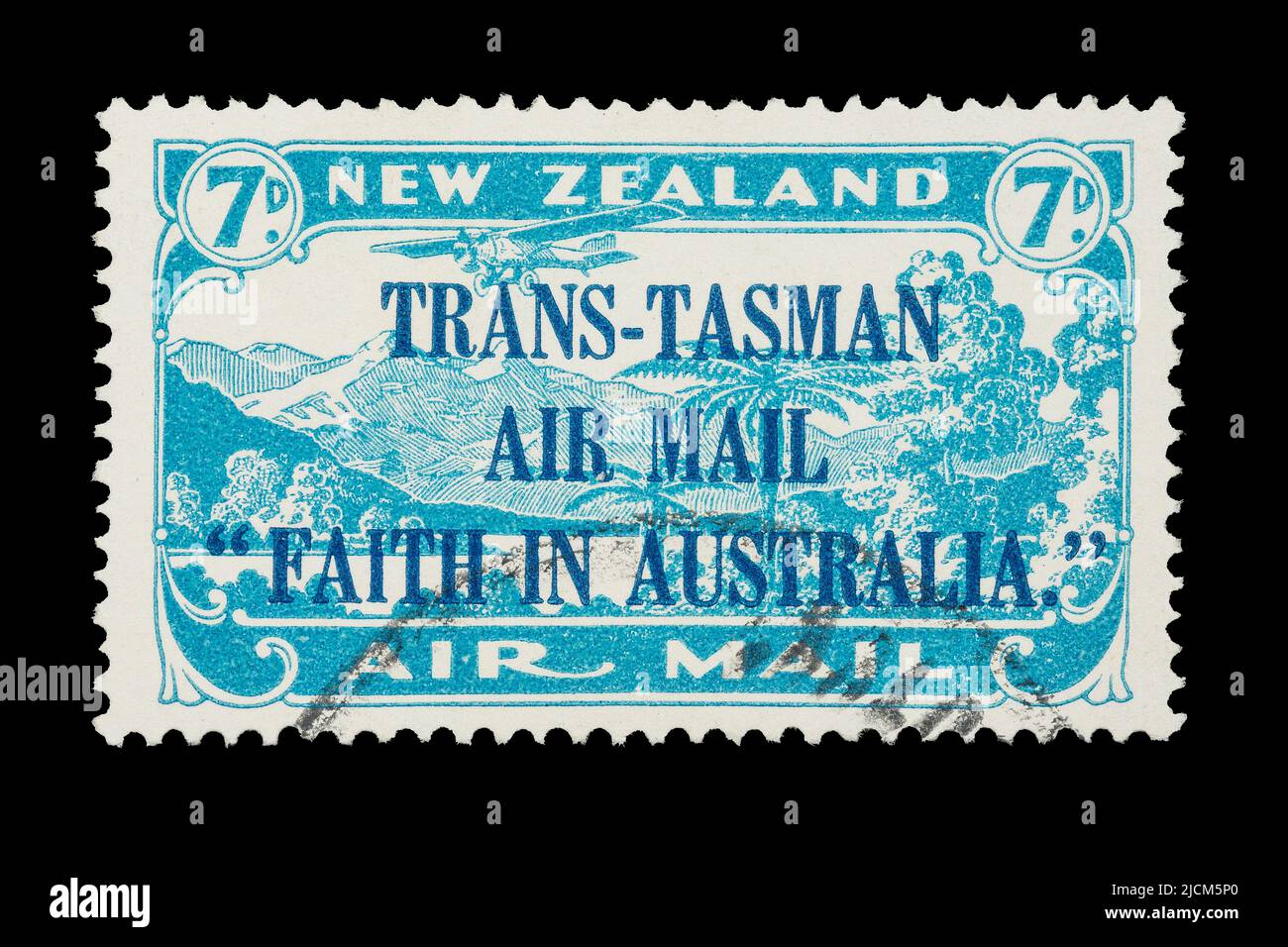 A New Zealand air mail stamp, issued in 1934 for the first trans-Tasman service to Aus Stock Photo