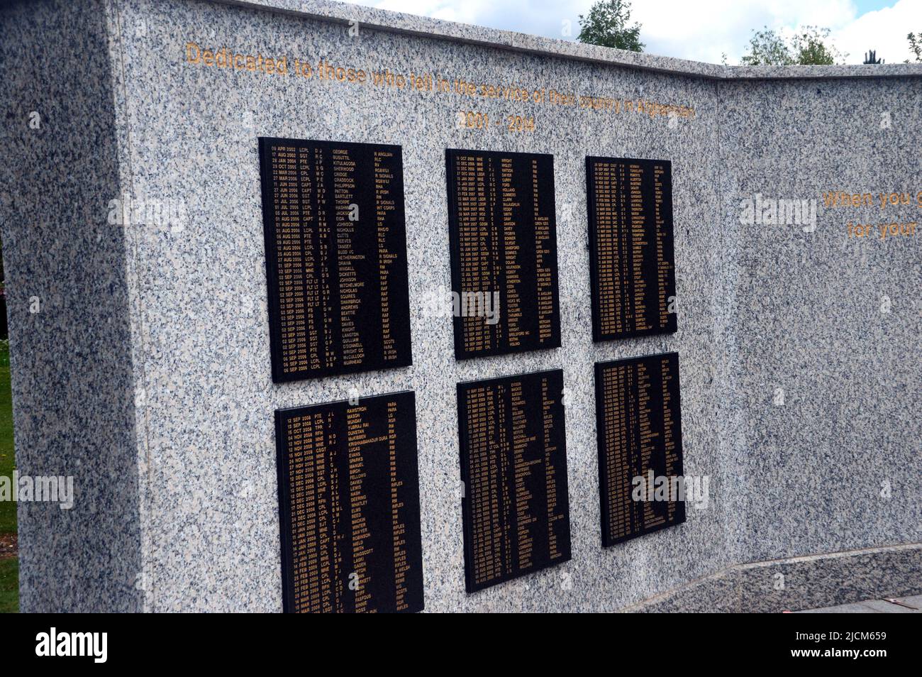 Granite Replica of Camp Bastion Memorial Wall in Afghanistan at the National Memorial Arboretum, Airewas near Lichfield, Staffordshire, England, UK. Stock Photo