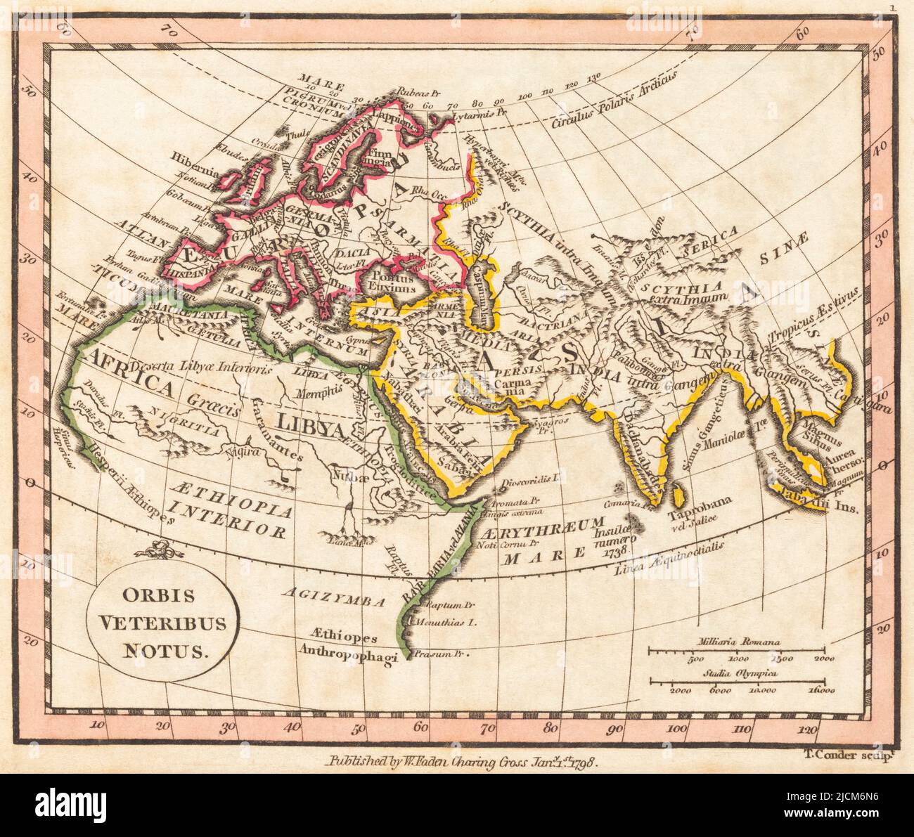 Orbis Veteribus Notus.  The World Known to the Ancients.  1798 map by cartographer William Faden, engraved by T. Condor.  Faden was the royal geographer to King George III.  This map comes from his Atlas minimus universalis which was designed mainly for use in schools. Stock Photo