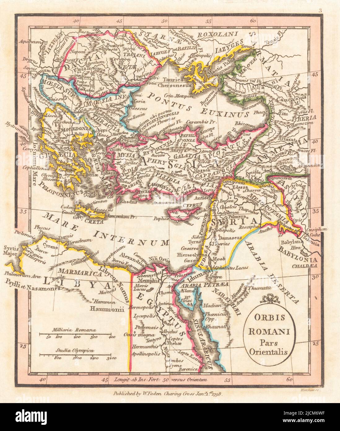 Orbis Romani, pars orientalis.  The Eastern Part of the Roman World. 1798 map by cartographer William Faden, engraved by Hatchett.  Faden was the royal geographer to King George III.  This map comes from his Atlas minimus universalis which was designed mainly for use in schools. Stock Photo