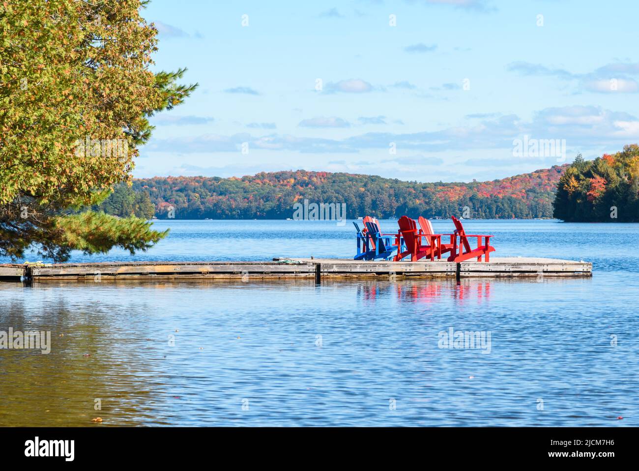 Colourful adirondack chairs on a floating jetty on a lake with forested shores on a sunny autumn day. Fall foliage. Stock Photo