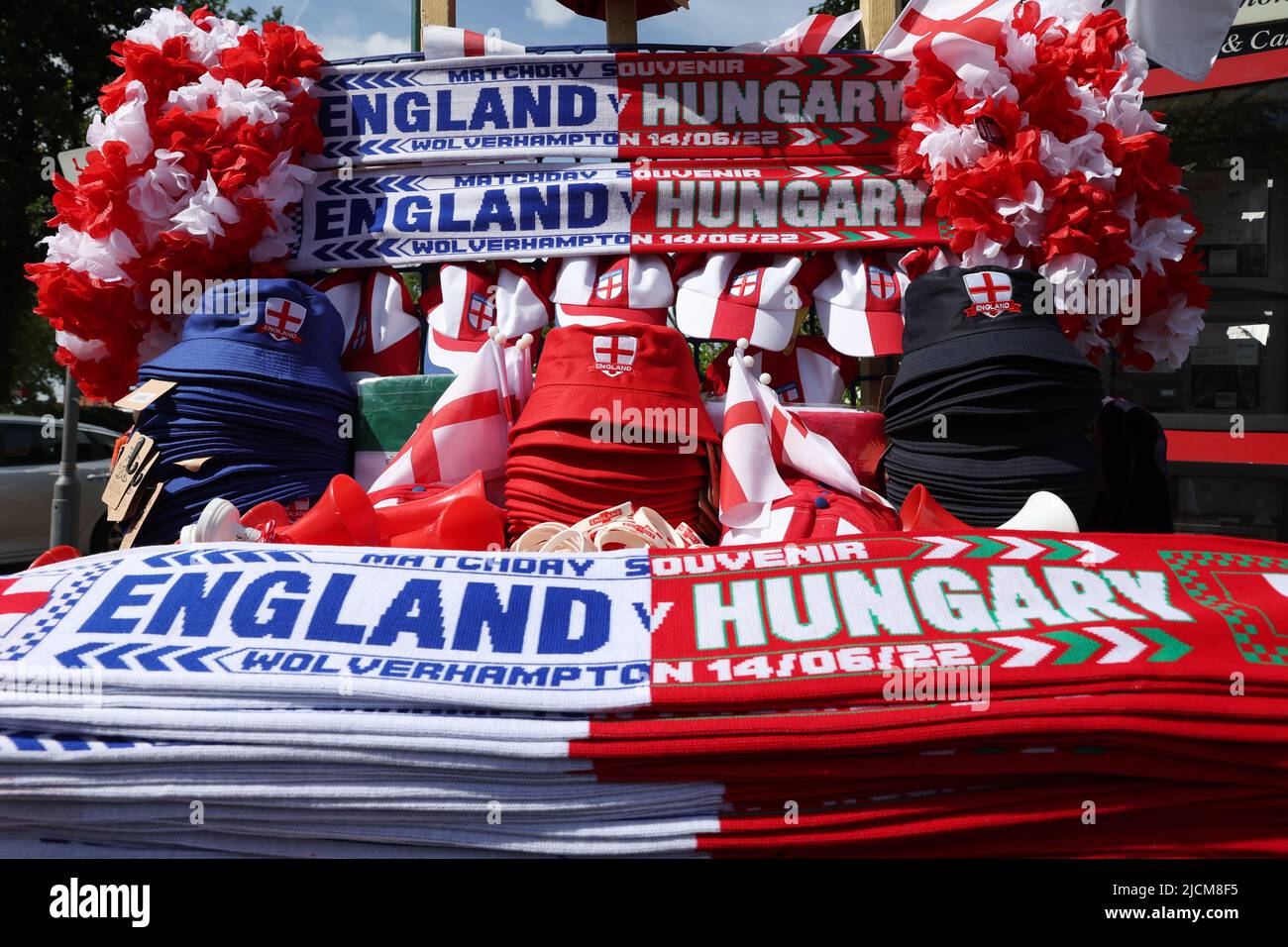 Soccer Football - UEFA Nations League - Group C - England v Hungary - Molineux Stadium, Wolverhampton, Britain - June 14, 2022 General view of merchandise for sale outside the stadium before the match Action Images via Reuters/Paul Childs Stock Photo