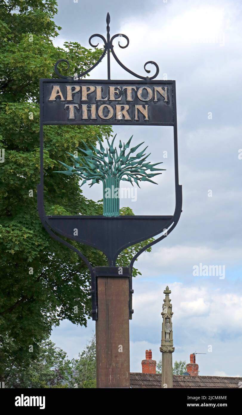 Village sign, Appleton Thorn, Warrington, Cheshire, England, UK, WA4 4QU Stock Photo