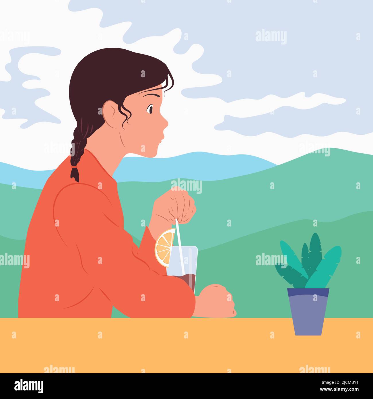 girl drinks a drink at the table. Mountain landscape against the background of white clouds. Stock Vector