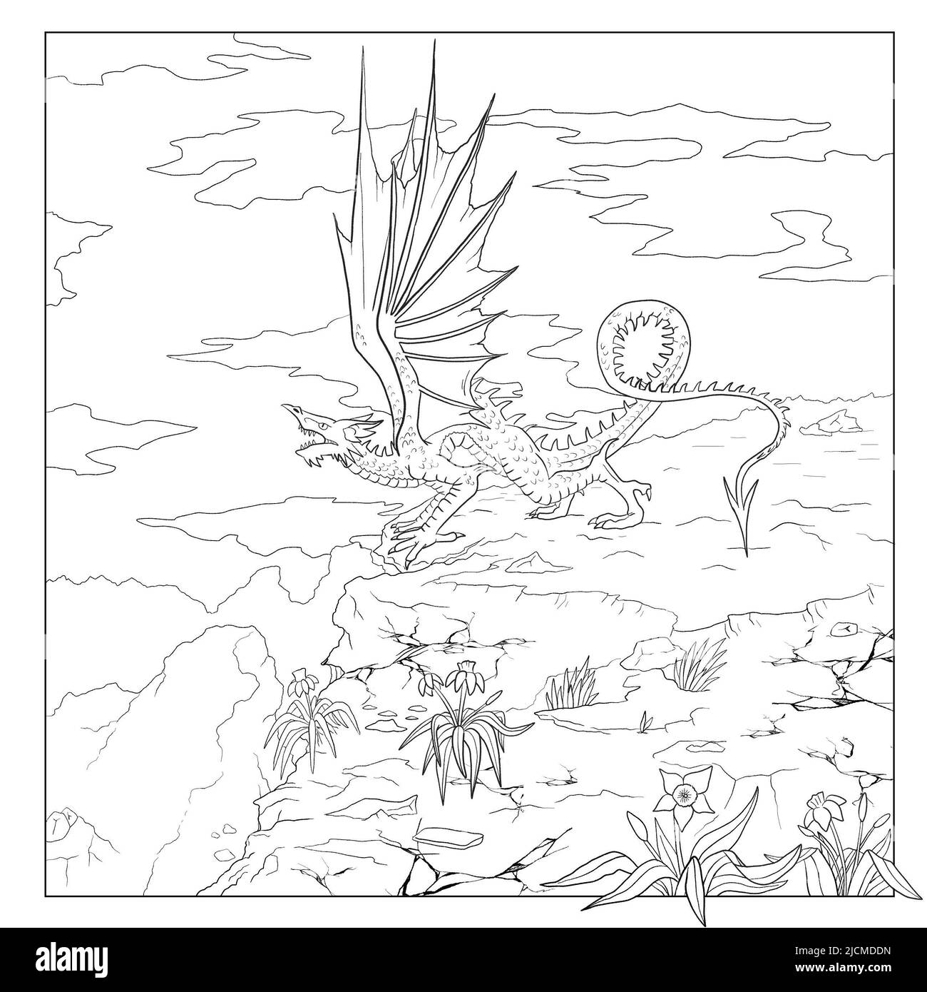 Black and white coloring page ink illustration of a dragon Stock Photo