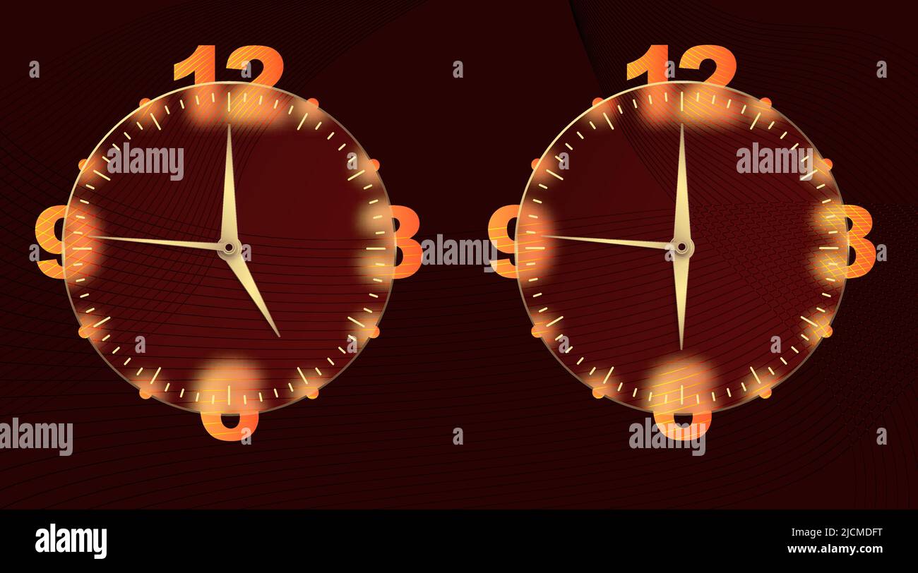 Clock glassmorphism effect. Set 3d style round timer Gold clock face and hands for mobile app design. Business icon. Modern concept background Stock Vector